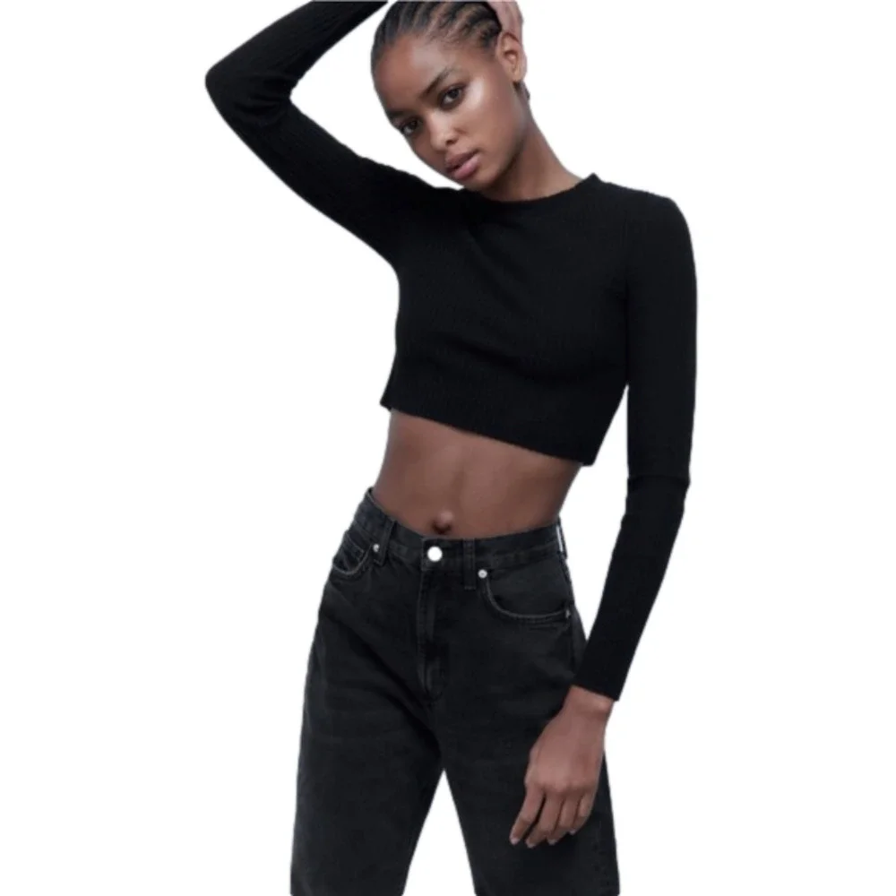 ZARA Womens Black Ribbed Knit Crop Top‎ Long Sleeve Lettuce Hem Stretch S